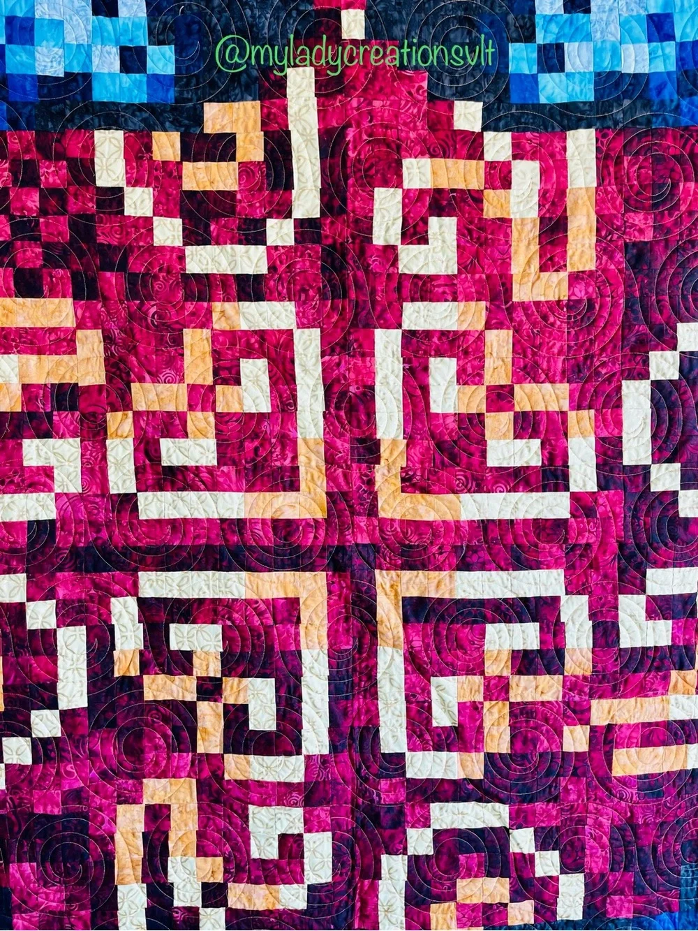 Handmade Pixel Butterfly Quilt King Size  – Blue & Burgundy